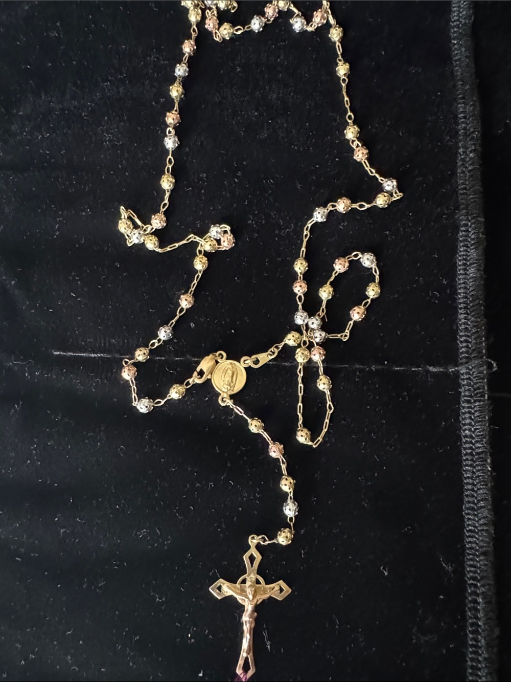 14K Gold - Gold-Tone Tri-Color Rosary Necklace - Women's Religious Jewelry